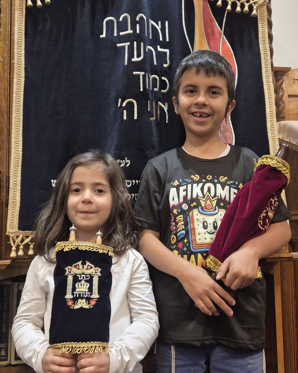 A girl and a boy holding miniature Torah scrolls in front of the ark